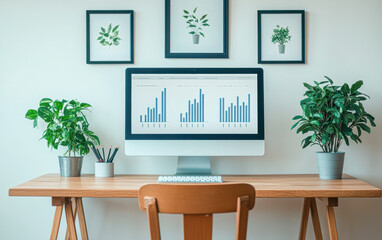 A computer monitor is on a desk with a potted plant in front of it