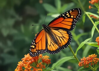 Obraz premium monarch butterfly on milkweed with broken wing tip, flower buds, natural surroundings, milkweed flower