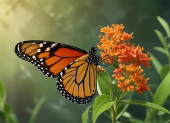 Fototapeta premium monarch butterfly on milkweed with broken wing tip, insect damage, insect behavior
