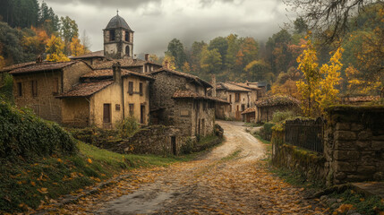 Obraz premium Hidden Village in Autumn Woods