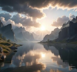 Morning light shines through a gap in the clouds above a lake , sky, serene, warm