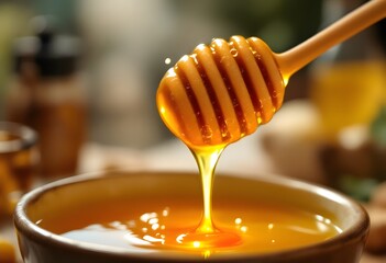 Golden Honey Dripping From Dipper Into Bowl