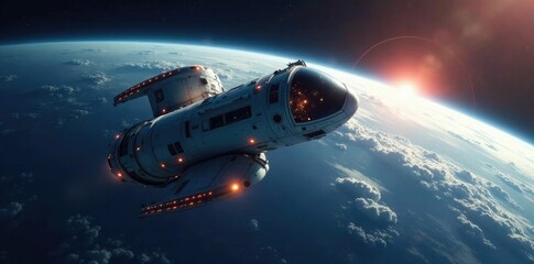 Obraz premium Spacecraft in orbit, astronaut inside in mid-air, space exploration, float, astronomy