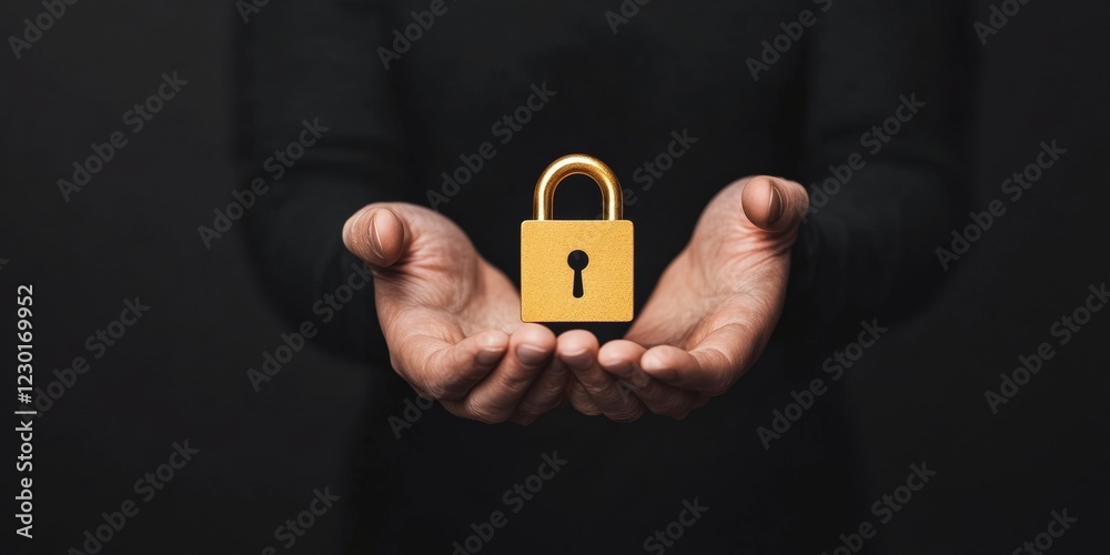 Poster Sleek Digital Security Golden Futuristic Padlock Floating in Hands - Modern Cybersecurity Visual for High-Tech Business Innovation and Data Protection Solutions