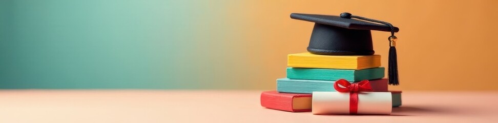 Small graduation cap on a stack of colorful blocks, tiny diploma, happy, joyful