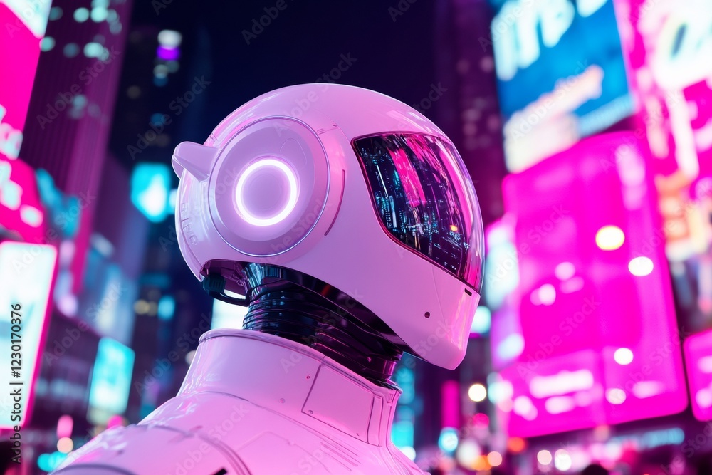 Poster neon futurism sleek robotic figure in vibrant urban square - illuminated tech design for smart city 