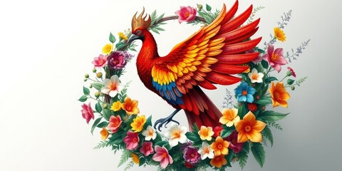 Fototapeta premium Regal majestic phoenix perched on a blooming floral wreath surrounded by lush greenery and vibrant colorful flowers, magnificent, majestic, landscape