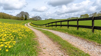 Fototapeta premium Serene Country Road Surrounded by Yellow Flowers and Lush Green Fields Under a Cloudy Sky