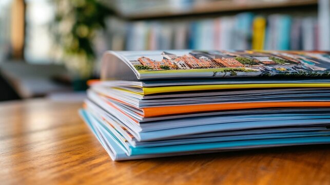Close-up of college brochures stacked on wooden table with soft lighting and blurred background