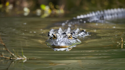 A partially submerged alligator swimming directly at the camera with a menacing look.