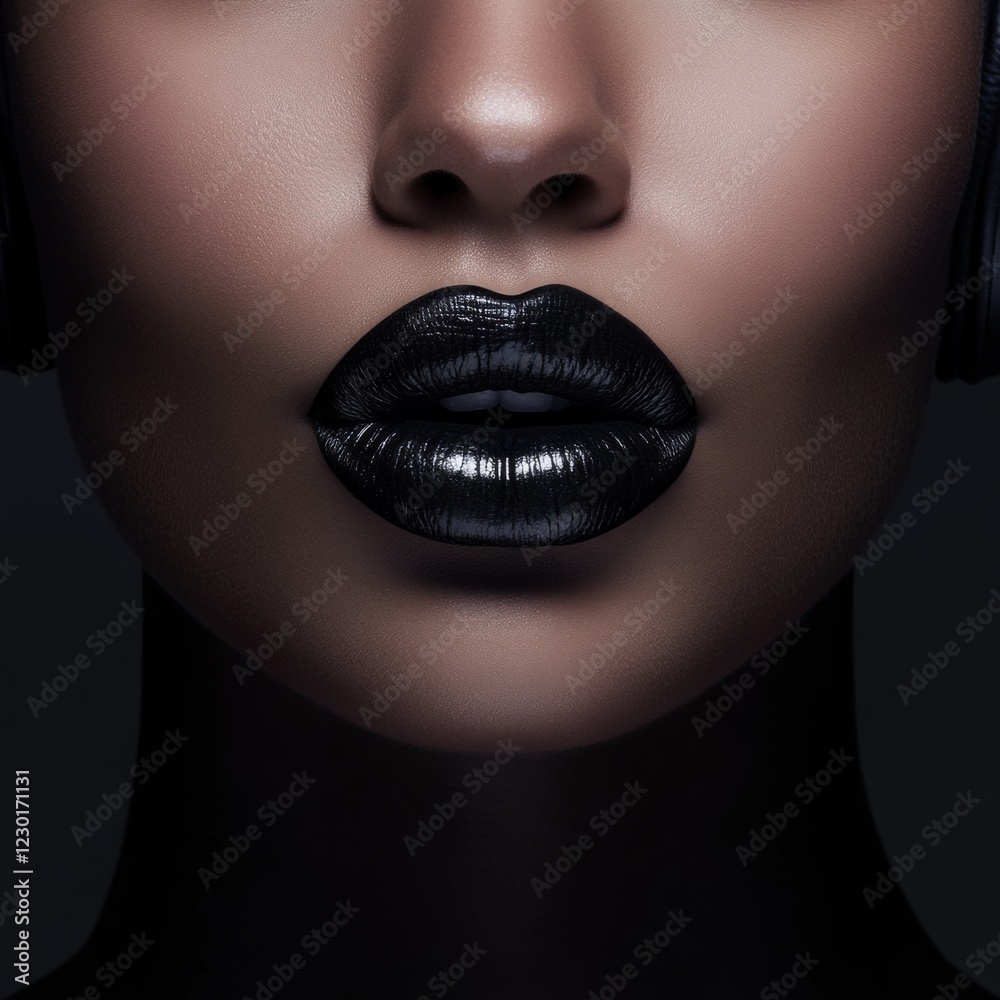 Poster futuristic black gloss lipwear macro focus on models shimmering lips - content creator aesthetics fo