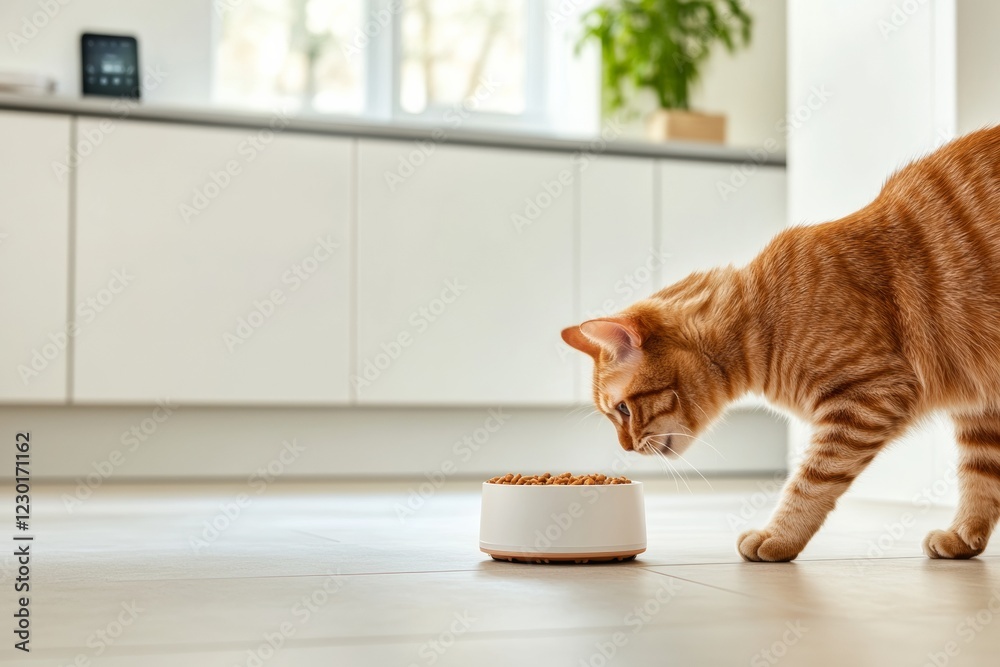 Poster modern minimalism in home robotics automated pet feeder on tiled kitchen floor - iot integration for