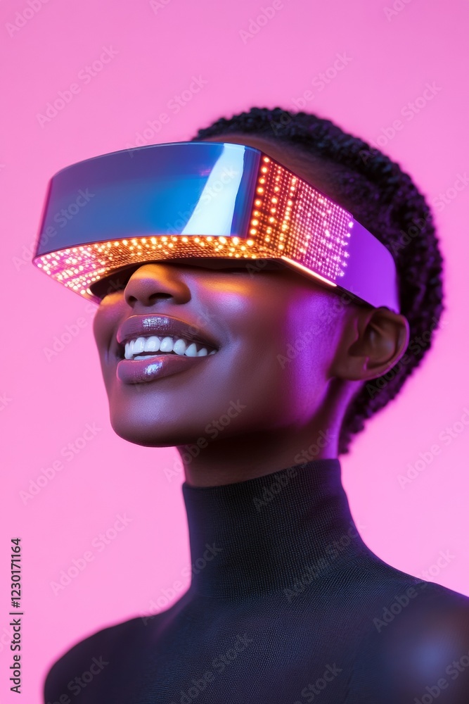 Poster Neon Futurism Technology VR Experience Glasses on Smiling Woman - Interactive AI-Driven Content and Dynamic Marketing for Tech Innovation in Entertainment