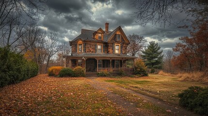 Obraz premium Autumnal Victorian House Under Stormy Skies