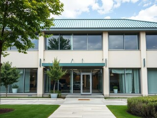 Office building with green roof and large windows, glass, rooftop garden