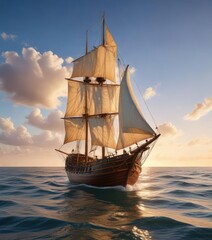 Obraz premium Old sailing boat with a wooden hull and billowy sails on the horizon, serene ocean scene, seafaring, ship