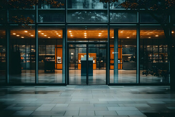 Modern library entrance, city night