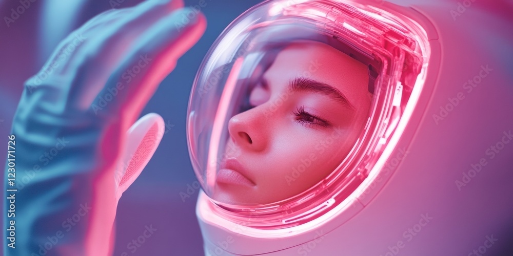 Poster Neon Tech Visions Futuristic VR Lab with Human-Like Hair on -Printed Robot for Creative Innovation - Enhancing Virtual Reality and Robotics in Modern Tech Spaces
