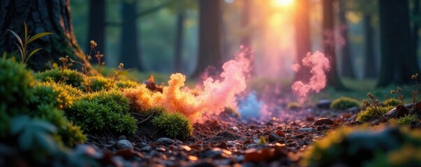 swirling cloud of iridescent dust settles on tranquil forest floor, peaceful, earthy