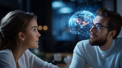 Creative entrepreneurs discussing business strategies in a modern office environment with futuristic concepts