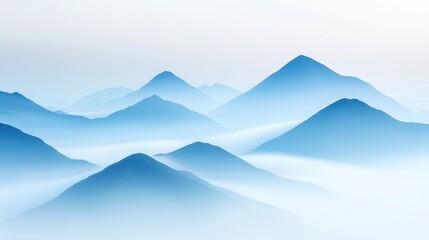 Fototapeta premium Fog Enveloping Mountain Peaks, Dense mist cascading over rugged ridges, shrouding the landscape in mystery beneath a gloomy, cloud-covered sky