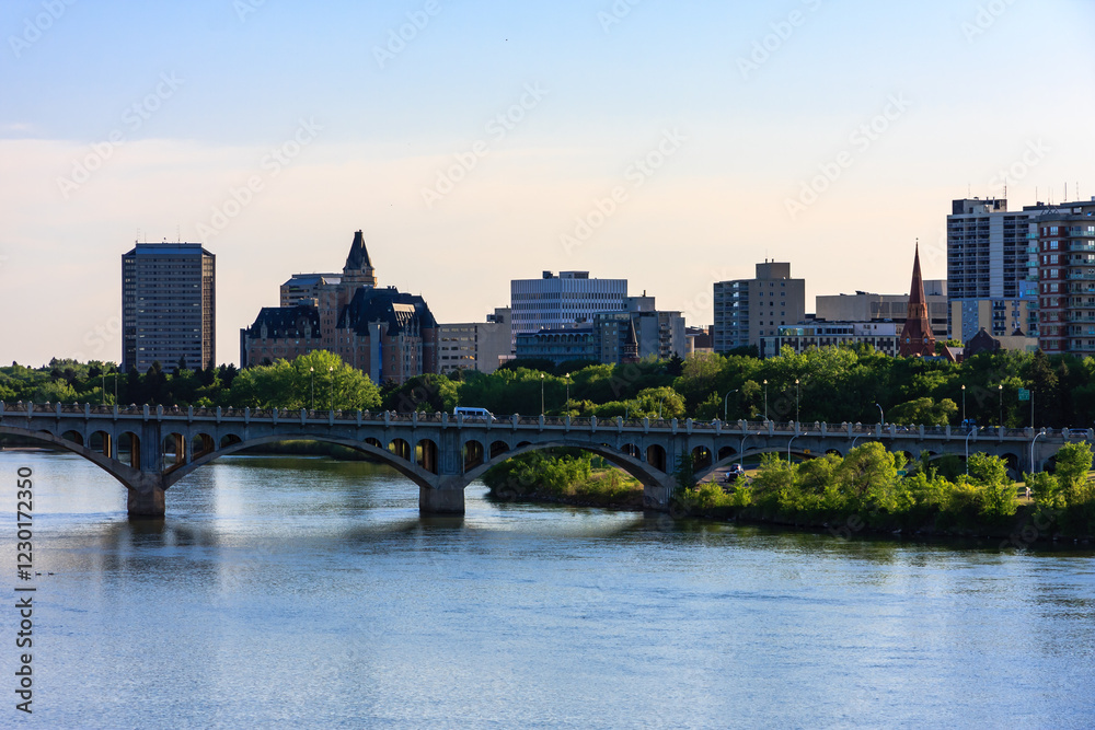 Wall mural A city with a river running through it and a bridge over the water