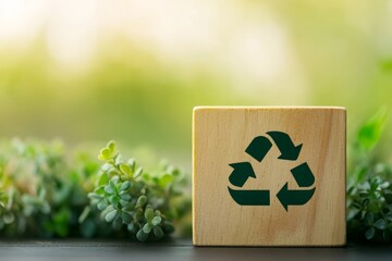 Green recycle symbol on wood block, nature background, eco-friendly concept