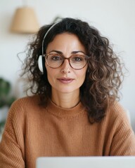 Obraz premium Cozy Home E-Learning Middle-Aged Latina Professional in Textured Knit Engages in Digital Education - Modern Virtual Classroom and Inclusive Online Training Design