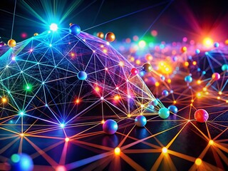 Obraz premium Futuristic Neon Network: Abstract Digital Connections & Glowing Nodes - Stock Photo