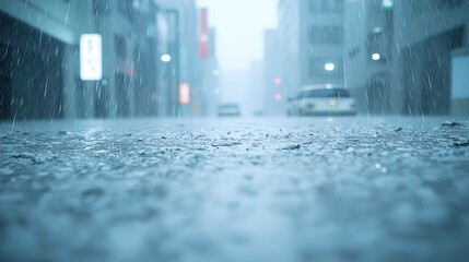 Urban Flood Crisis, a city grappling with heavy rain, streets submerged, water surging over sidewalks, vehicles stranded, residents facing an overwhelming deluge and chaos.