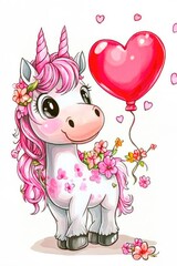Valentine day card with cute unicorn holding bouquet of flowers and red balloon in heart shape on white background