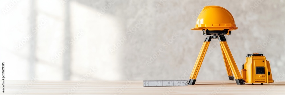 Poster minimalist construction tech setup yellow safety gear and measurement tools on wooden surface - mode