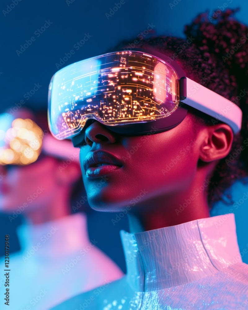 Fototapete neon cyber aesthetic diverse adults in reflective attire using vr for collaborative global projects 