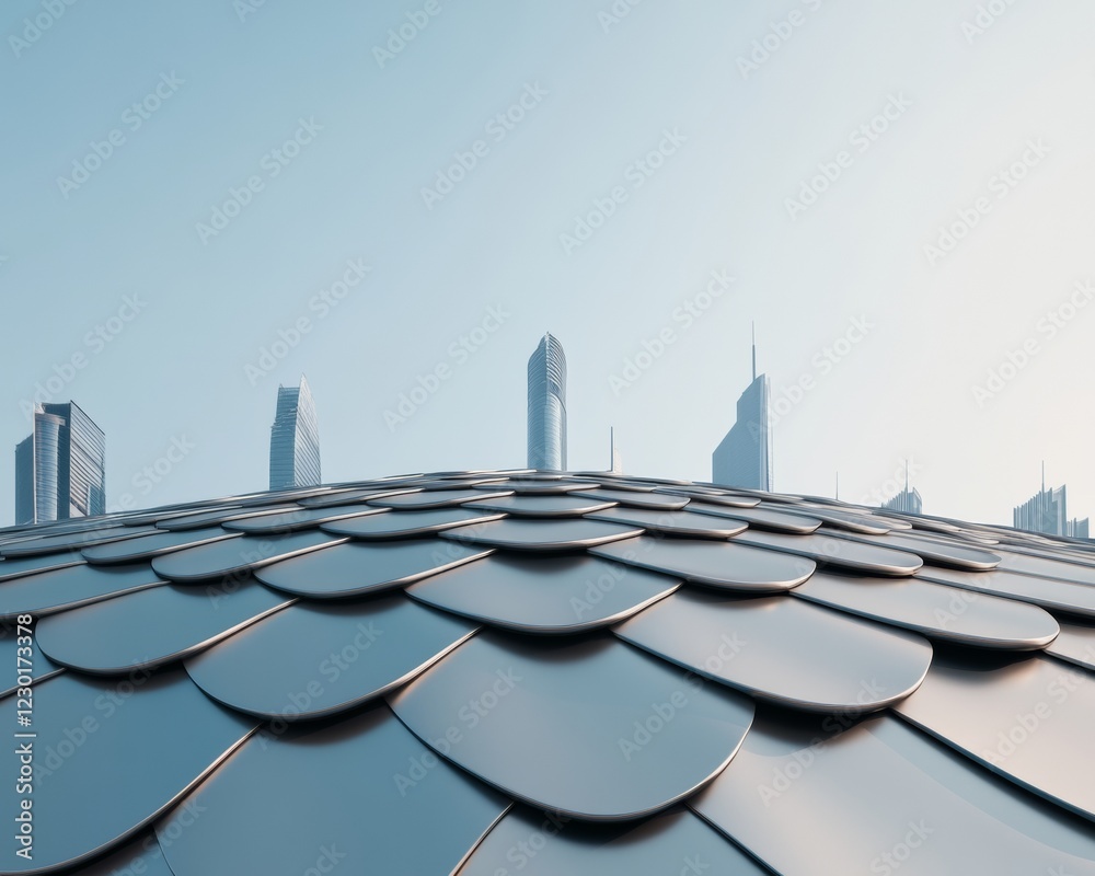 Poster biomimicry architecture high-tech fish scale facade with reflective tiles for innovative urban skyli
