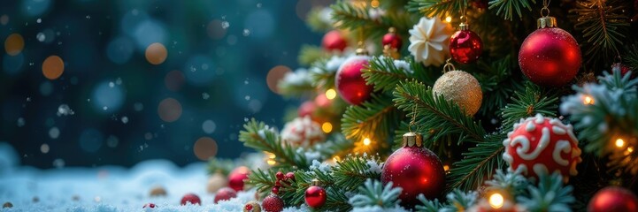 Fototapeta premium A large Christmas tree is covered in colorful candies and sweets, decorative ornaments, winter holiday, holiday decoration