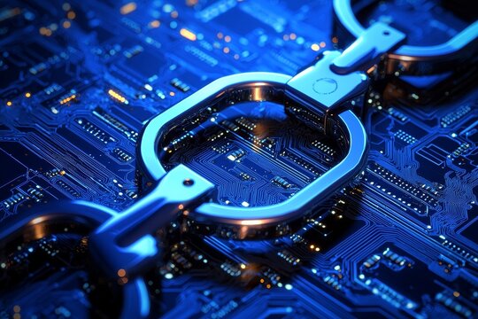 Cybersecurity visual: pixelated handcuffs depicted on a digital background, illustrating the concept of cyber crime in a 3D render.