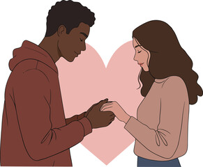 Illustration of a black young man holding the hands of a white girl in front of a large heart pattern, white background