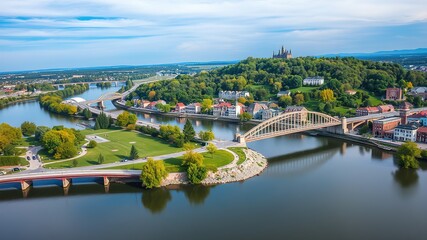 Aerial River Town Memorial Bridge Historical Park Scenic View