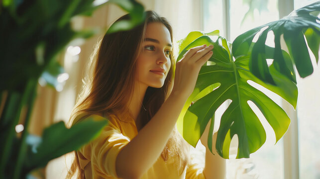 Young woman gently touching a monstera leaf, enjoying her houseplants