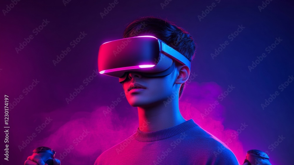 Poster neon futurism gaming experience asian man in vr headset and motion controllers for interactive enter