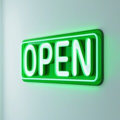 Vibrant green neon open sign with glowing cursive script, generative AI