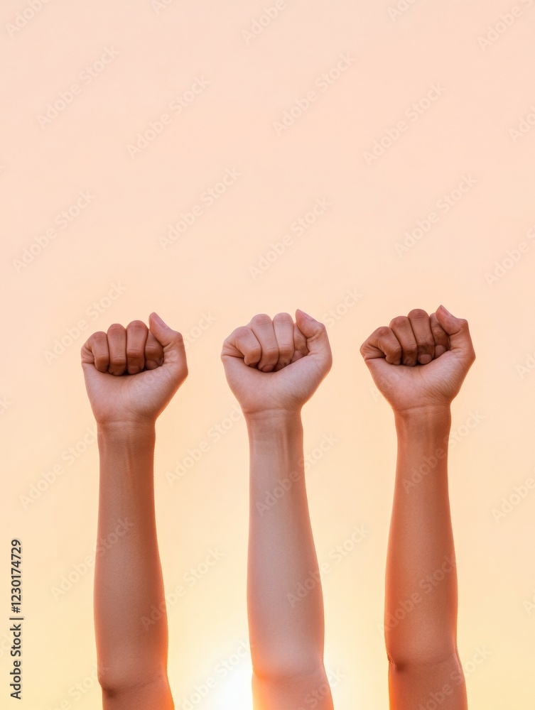 Poster Silhouetted Unity Fist Graph Diverse Hands Raised Against Sunset for Team Collaboration Visuals in Corporate Diversity Campaigns Empowering Multi-Ethnic Representation and Inclusion