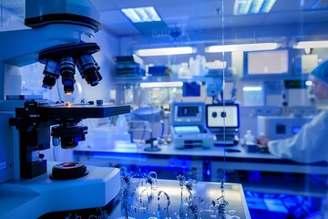 A powerful microscope dominates the foreground of a modern, bluelit laboratory. A scientist works in the background, blurred, suggesting ongoing research or analysis.