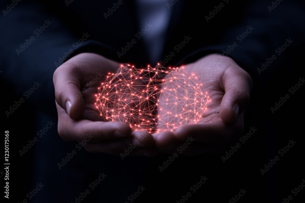 Poster Futuristic Holographic Network Red Light Web in Hands - Dynamic Tech Imagery for Business Connectivity and Innovative Marketing Solutions