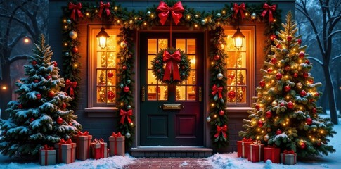 Fototapeta premium Colorful Christmas door filled with ornaments and garlands, holly, holiday, ornaments
