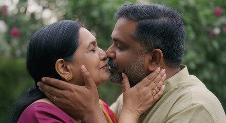 Fototapeta premium Romantic moment between mature south asian couple in garden setting