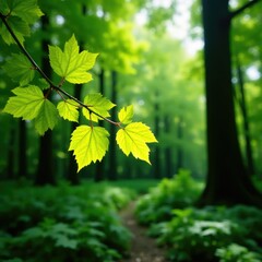 Obraz premium Branch of green leaves in the dappled light of a woodland floor, with ferns nearby, tree canopy, ferns, dappled light