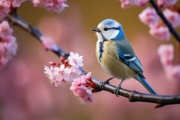 Fototapeta premium Beautiful eurasian blue tit perched on a flowering cherry tree branch, enjoying the vibrant colors of springtime