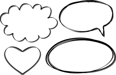 dry thin hairs brush stroke, set of frames: speech bubble, oval, heart, cloud