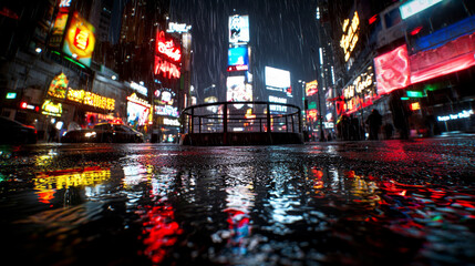 empty outdoor boxing ring sits in city square surrounded tall buildings and puddles reflecting vibrant neon lights during rainy evening creating striking urban atmosphere.